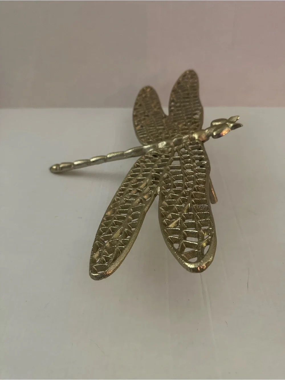 Gold Metal Dragonfly Figurine Trivet Decor Openwork Wings Tabletop Accent